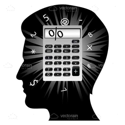 Silhouette of Man’s Head with Calculator and Numbers